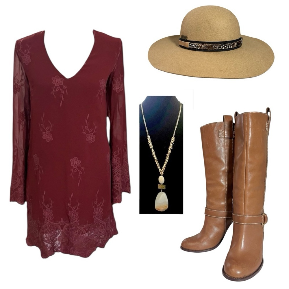 Wayf Burgundy Embroidered Flair Sleeved Dress sz S - Picture 11 of 13